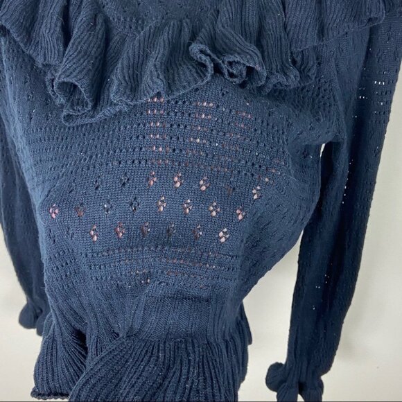 LoveShackFancy Alpaca Knit Sweater Blue Size Large Ruffle Navy Pointelle‎ Boho L - Picture 6 of 15
